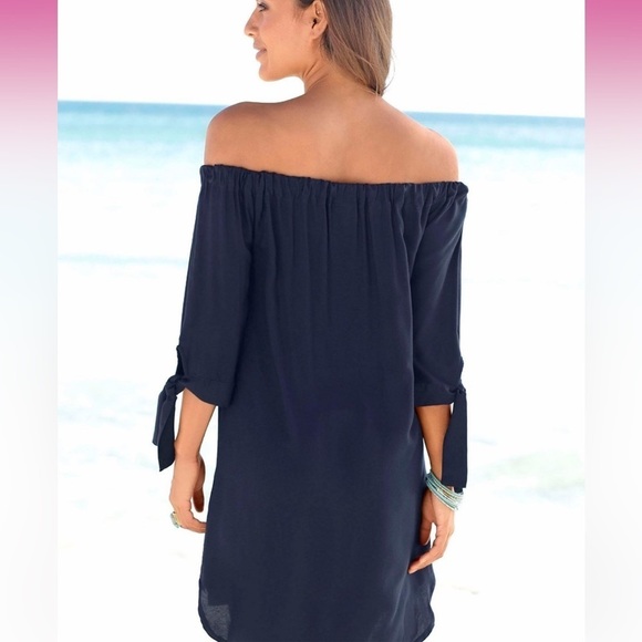 LASCANA Women’s Navy Blue Tie Sleeve Off-The-Shoulder Dress Smock Size 4 Boho - Picture 2 of 9